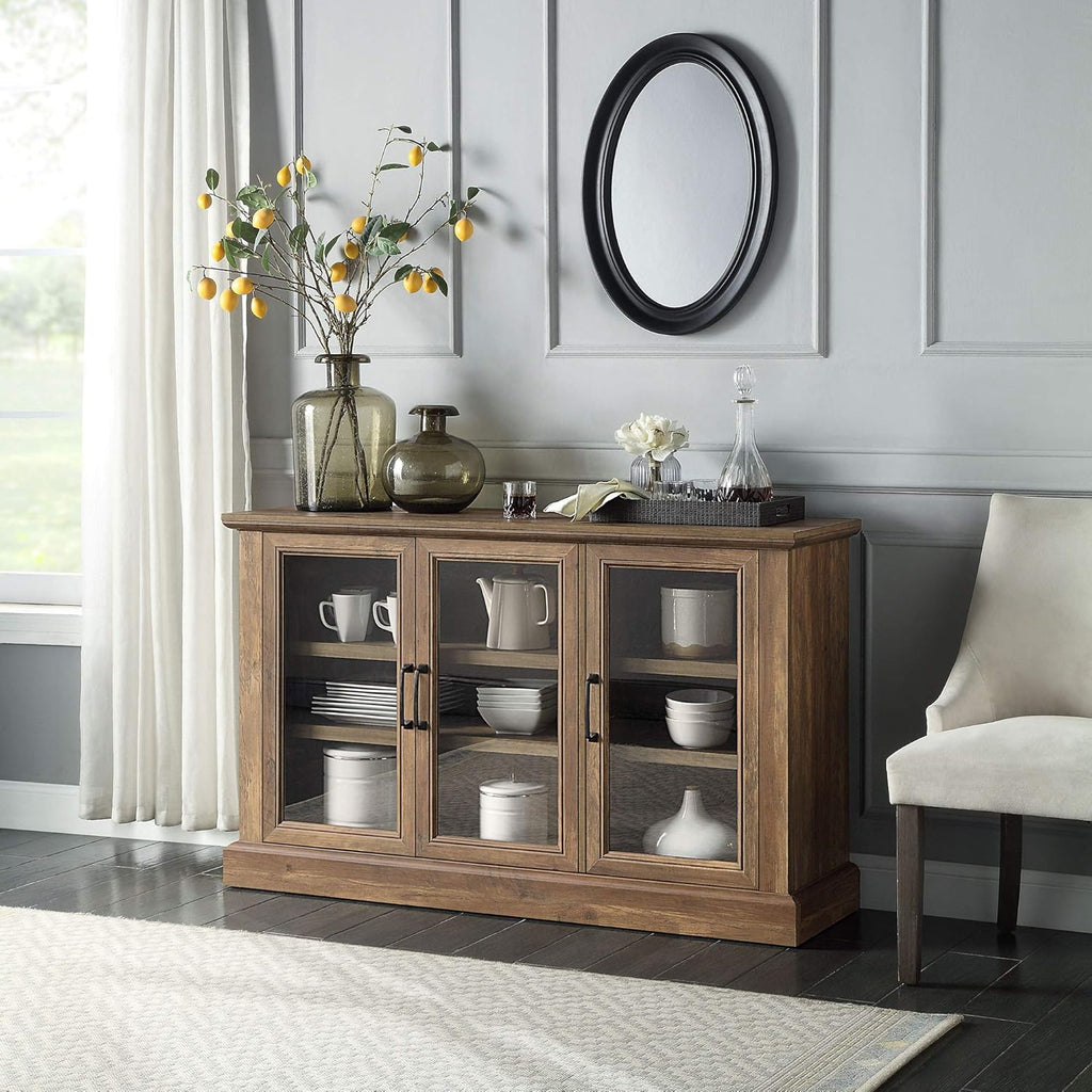 Rustic Grey Wood Sideboard Buffet with Storage Cabinet, Glass Doors, and Adjustable Shelves J691