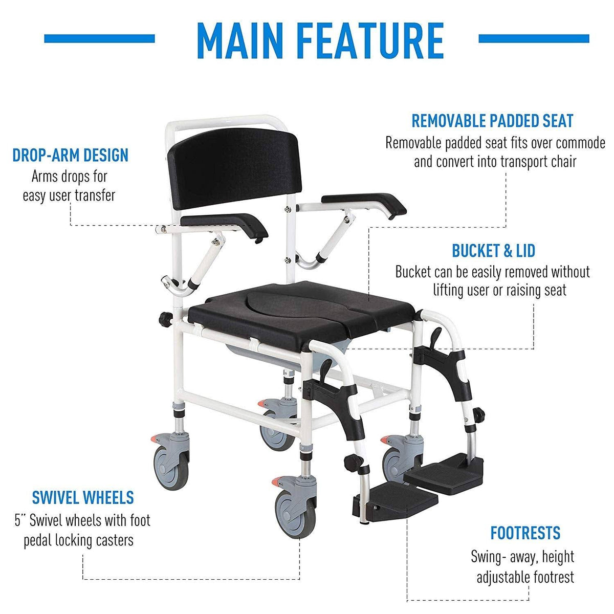 Black Commode Wheelchair with 4 Castor Wheels S306