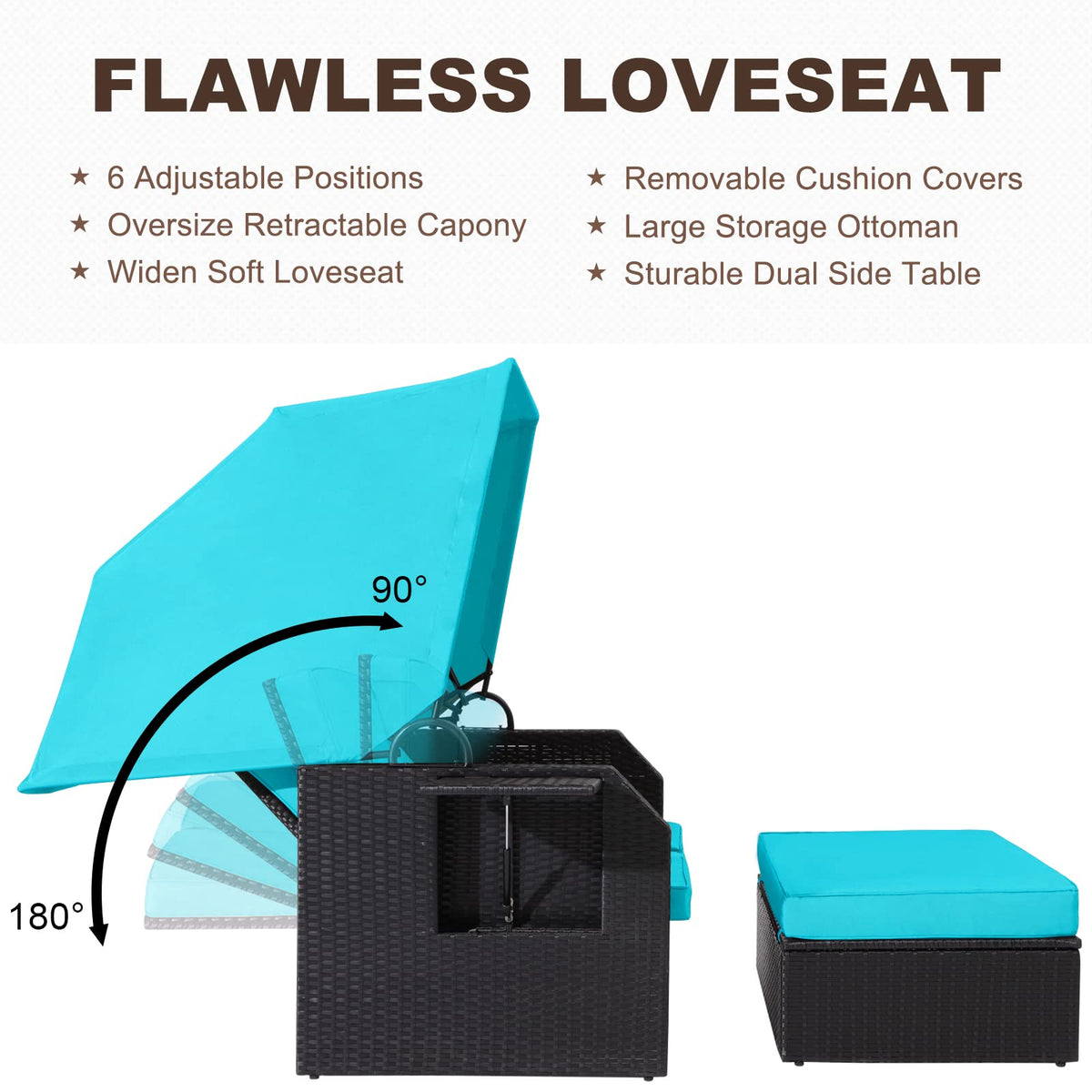 Outdoor Rattan Sofa Set with Retractable Canopy, Side Table, Ottoman, Cushion G4126