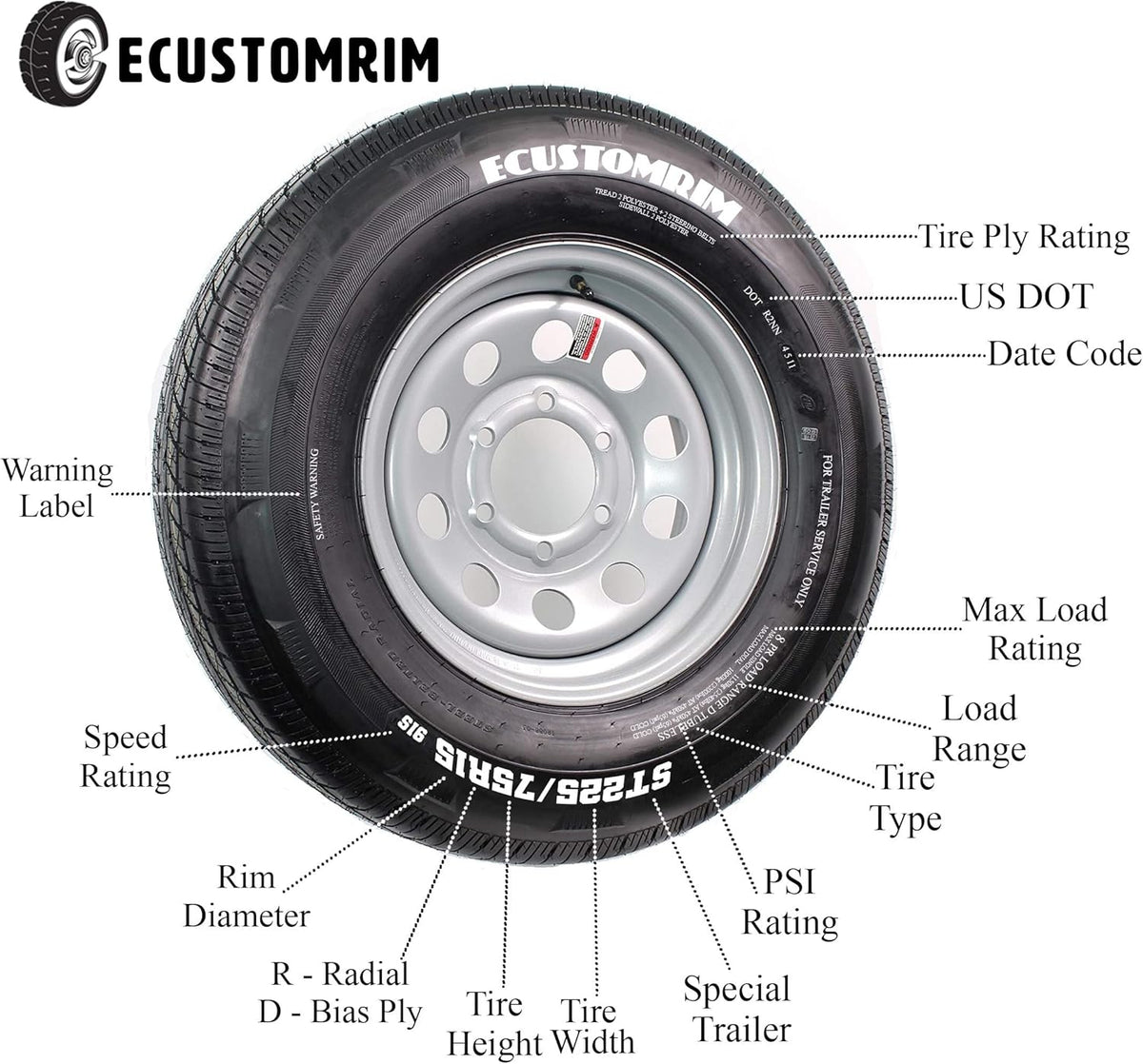 2-Pk Hankook ST225/75R15 Trailer Tire On Silver Mod Rim 6 Lug Wheel LRE Z948