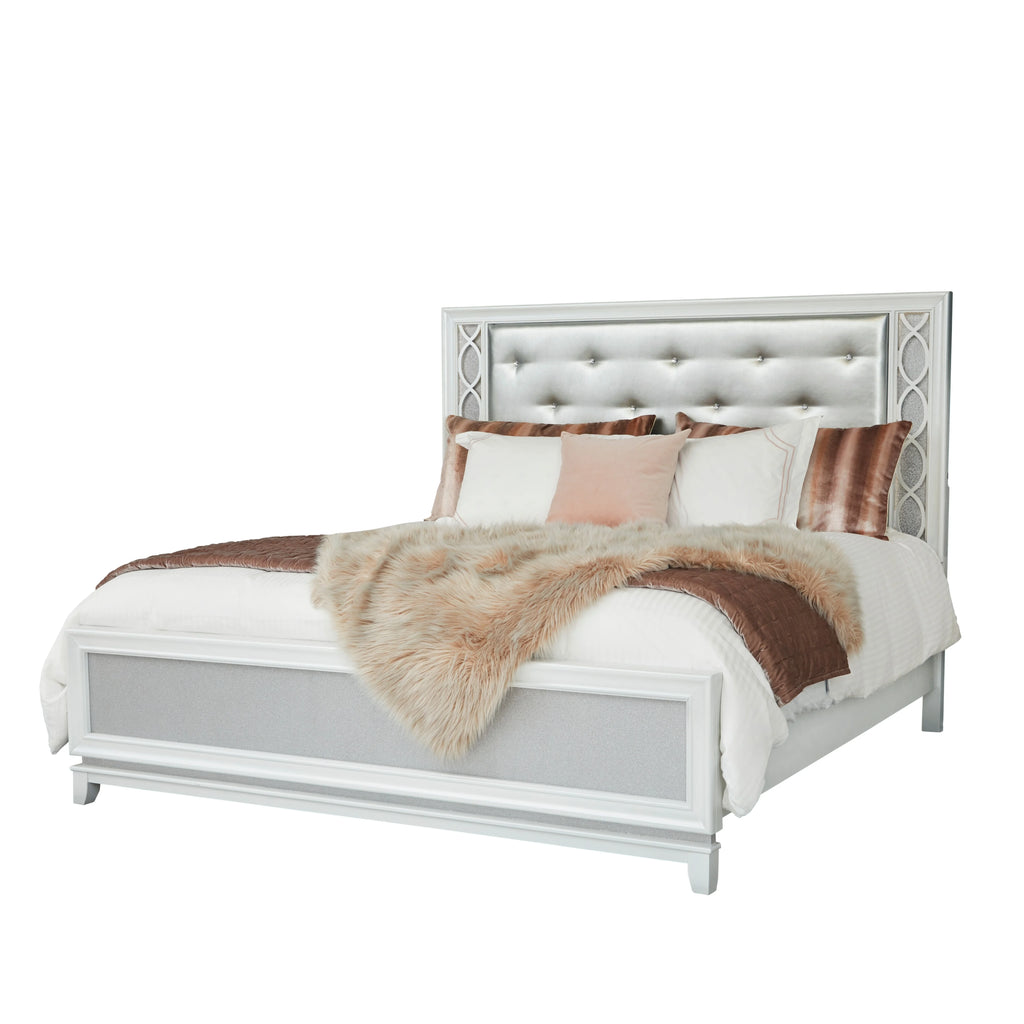King 5-Piece Bedroom Set with LED Lights, Tufted Bed, Dresser, Mirror, and 2 Nightstands in Pearlized White G268