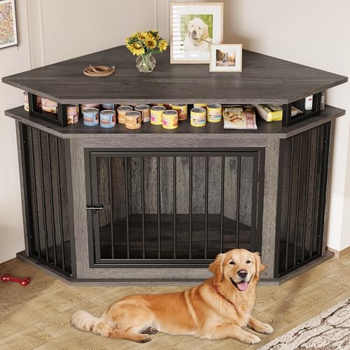 Rustic Brown Corner Wooden Dog Crate with 2-Tier Shelves C660