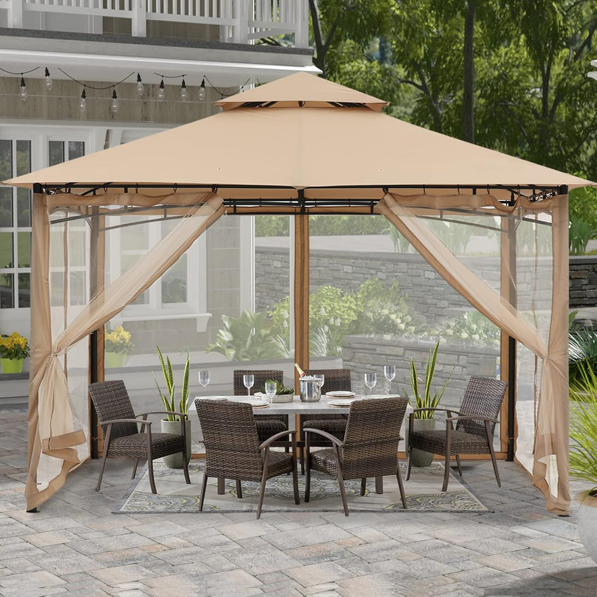10x10 Gazebo with Netting, Khaki R920412