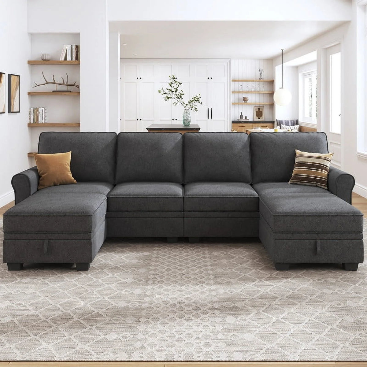 Dark Grey U-Shaped Sectional Sofa with Ottomans E39227