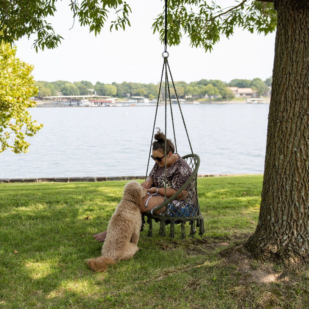 Macrame Outdoor Hammock Chair, Cotton Blend Olive Green, 47” L x 24” W, Capacity 250 lb. T21255
