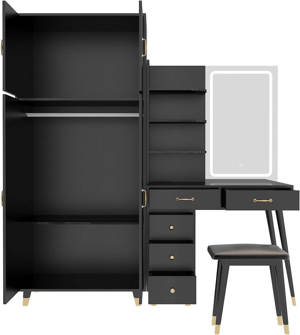 Black Vanity Desk with 4 Door Closet, Lights Mirror, Stool Set, Storage Cabinet 170 x 50 x 185CM V19908