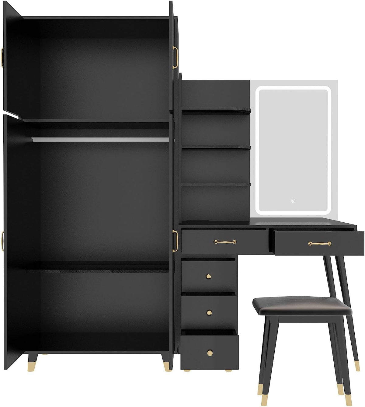 Black Vanity Desk with 4 Door Closet, Lights Mirror, Stool Set, Storage Cabinet 170 x 50 x 185CM V19908