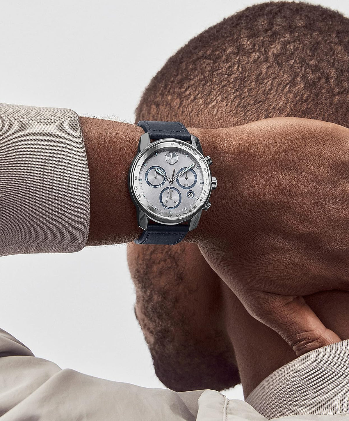 Grey Ion-Plated Stainless Steel and Leather Strap Watch O906
