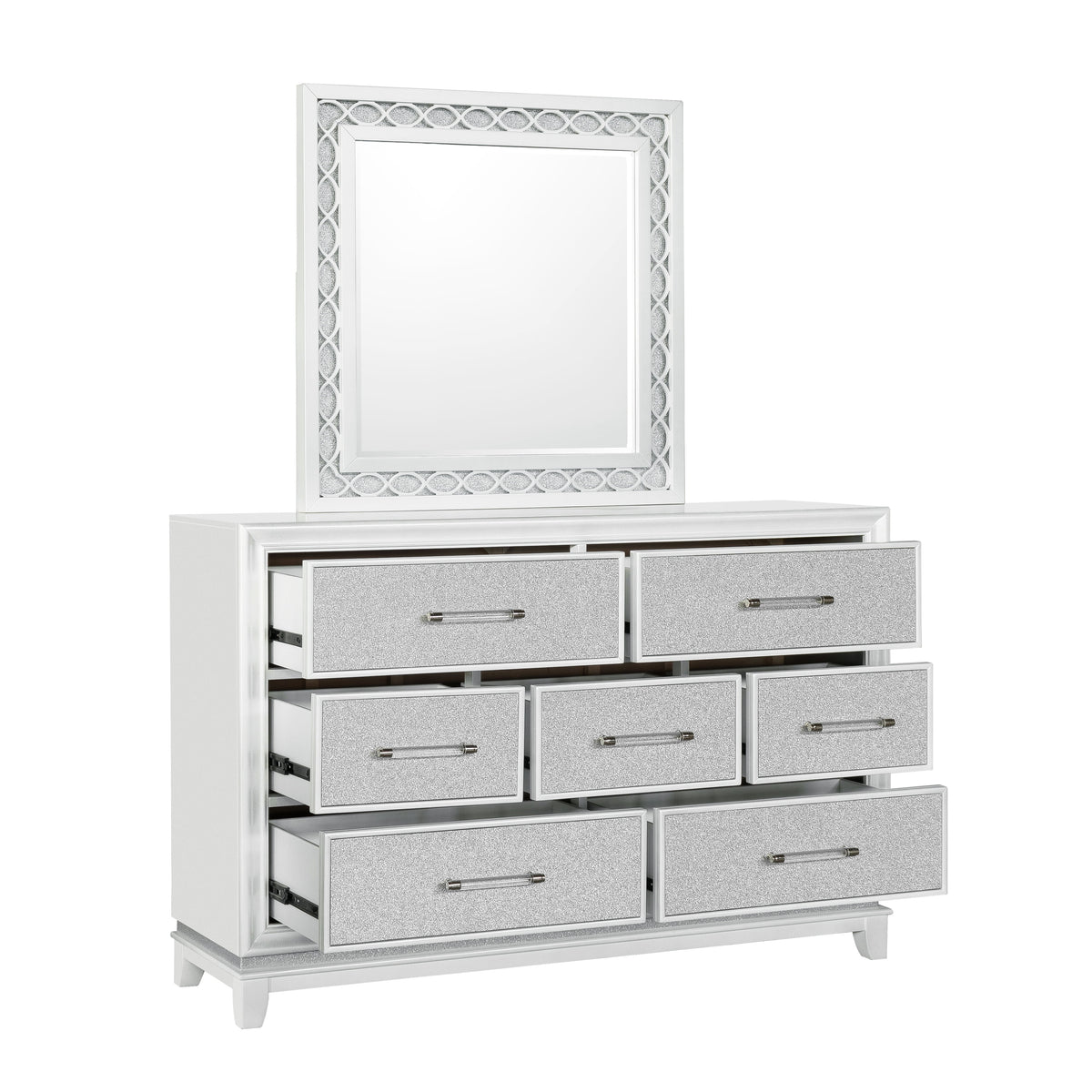 King 5-Piece Bedroom Set with LED Lights, Tufted Bed, Dresser, Mirror, and 2 Nightstands in Pearlized White G268