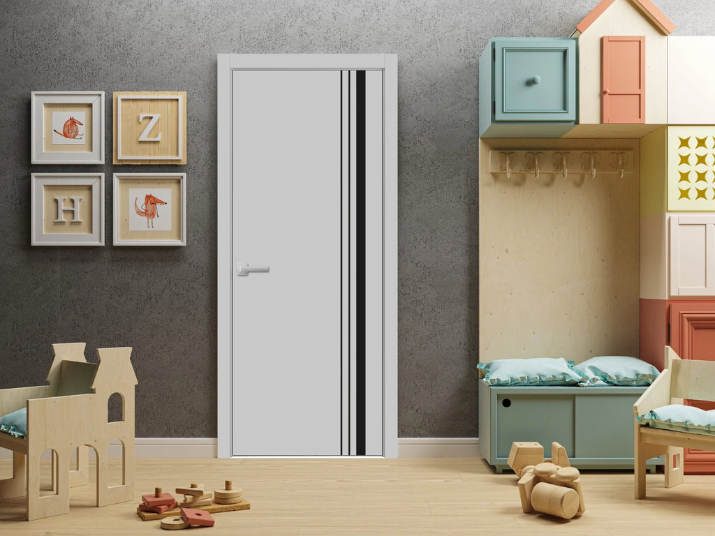 Solid French Door 36 x 84 inches Grey Matte with Frosted Glass Single Regular Panel Frame Trims Handle M29010
