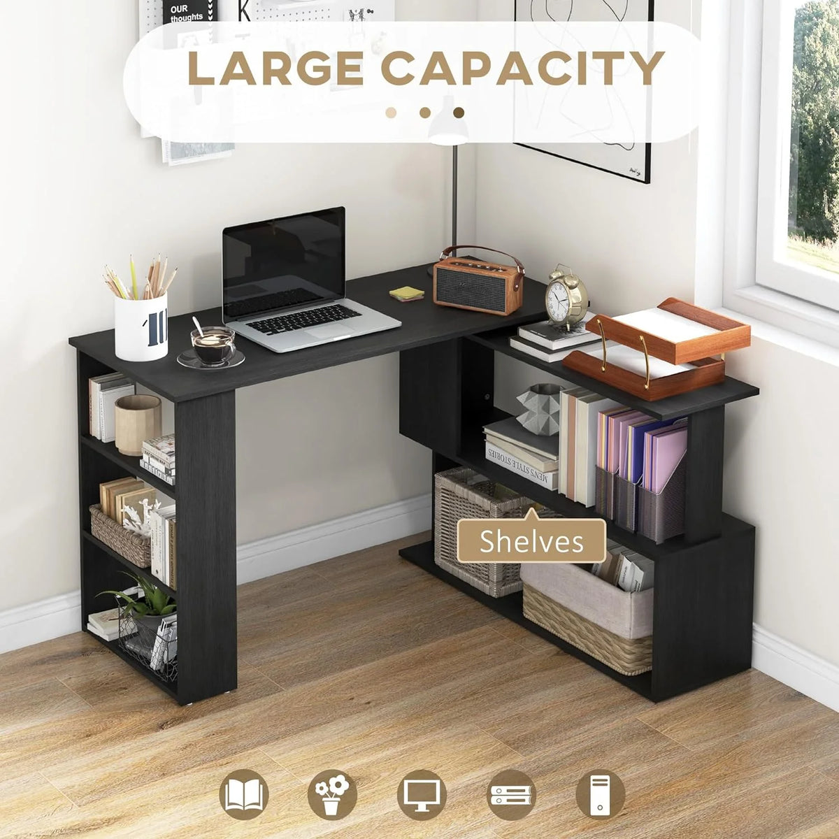 L Shaped Corner Desk with Storage Shelves, Black Z241