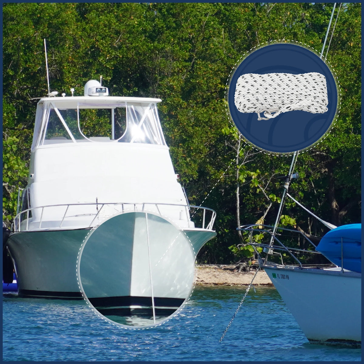 3/8 inch x 75 ft 3-Strand White Nylon Anchor Rope with Stainless Steel Thimble and Schakle Y14597