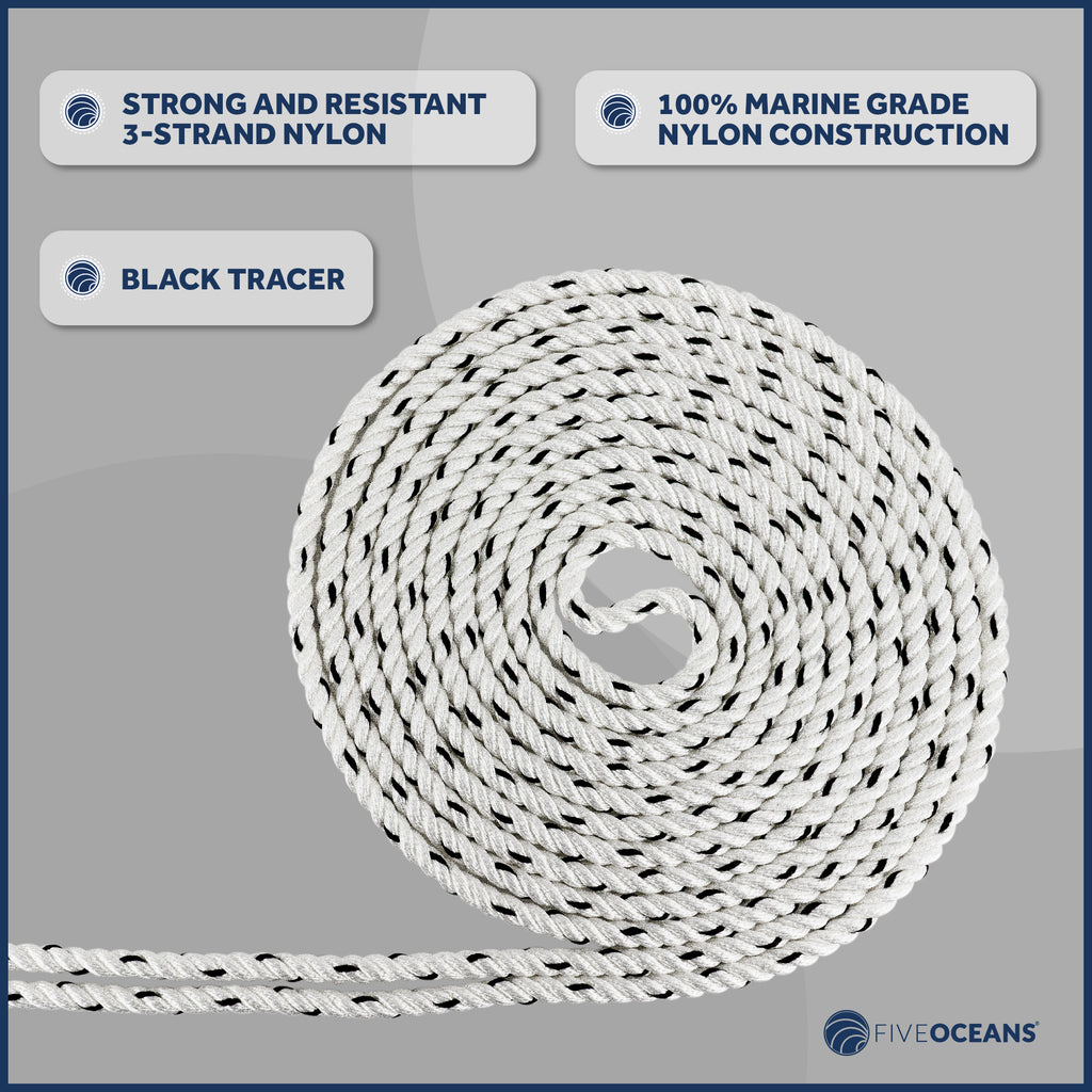 3/8 inch x 75 ft 3-Strand White Nylon Anchor Rope with Stainless Steel Thimble and Schakle Y14597