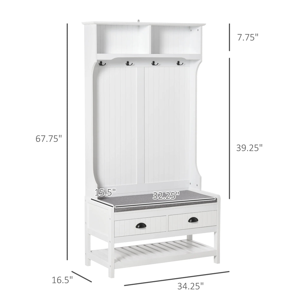 White Coat Rack and Bench with 4 Hooks, 2 Drawers A19537