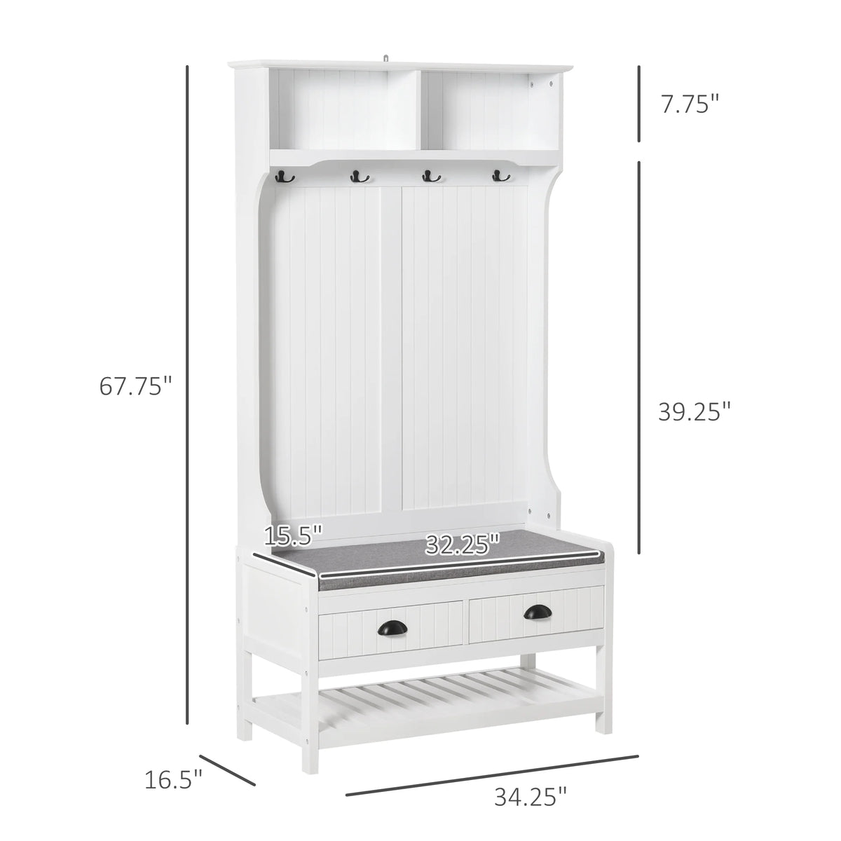 White Coat Rack and Bench with 4 Hooks, 2 Drawers A19537