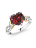 925 Sterling Silver 10K Yellow Gold Red Garnet Diamond Heart Shape Ring D9300