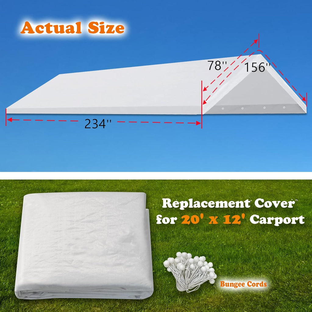 Carport Canopy Cover 12 x 20 Feet Replacement Tent Top Tarp with Ball Bungees R22862