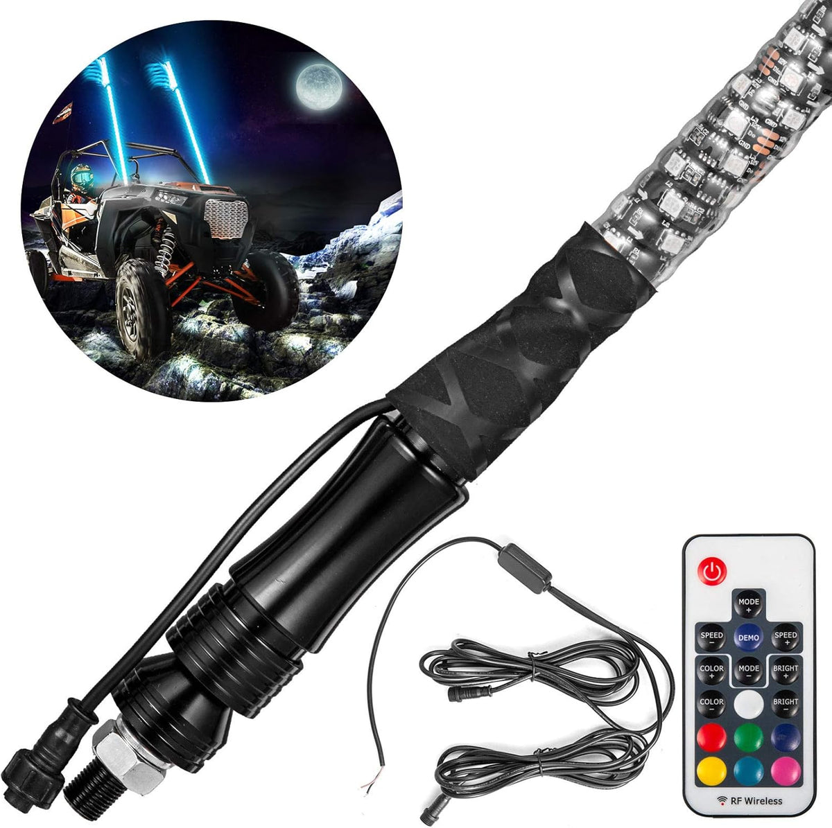1PC 3FT 360° Spiral LED Whip Lights RGB Color Weatherproof RF Wireless Remote Pack of 2 W88319