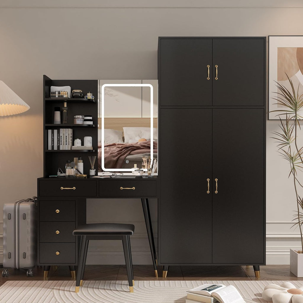 Black Vanity Desk with 4 Door Closet, Lights Mirror, Stool Set, Storage Cabinet 170 x 50 x 185CM V19908