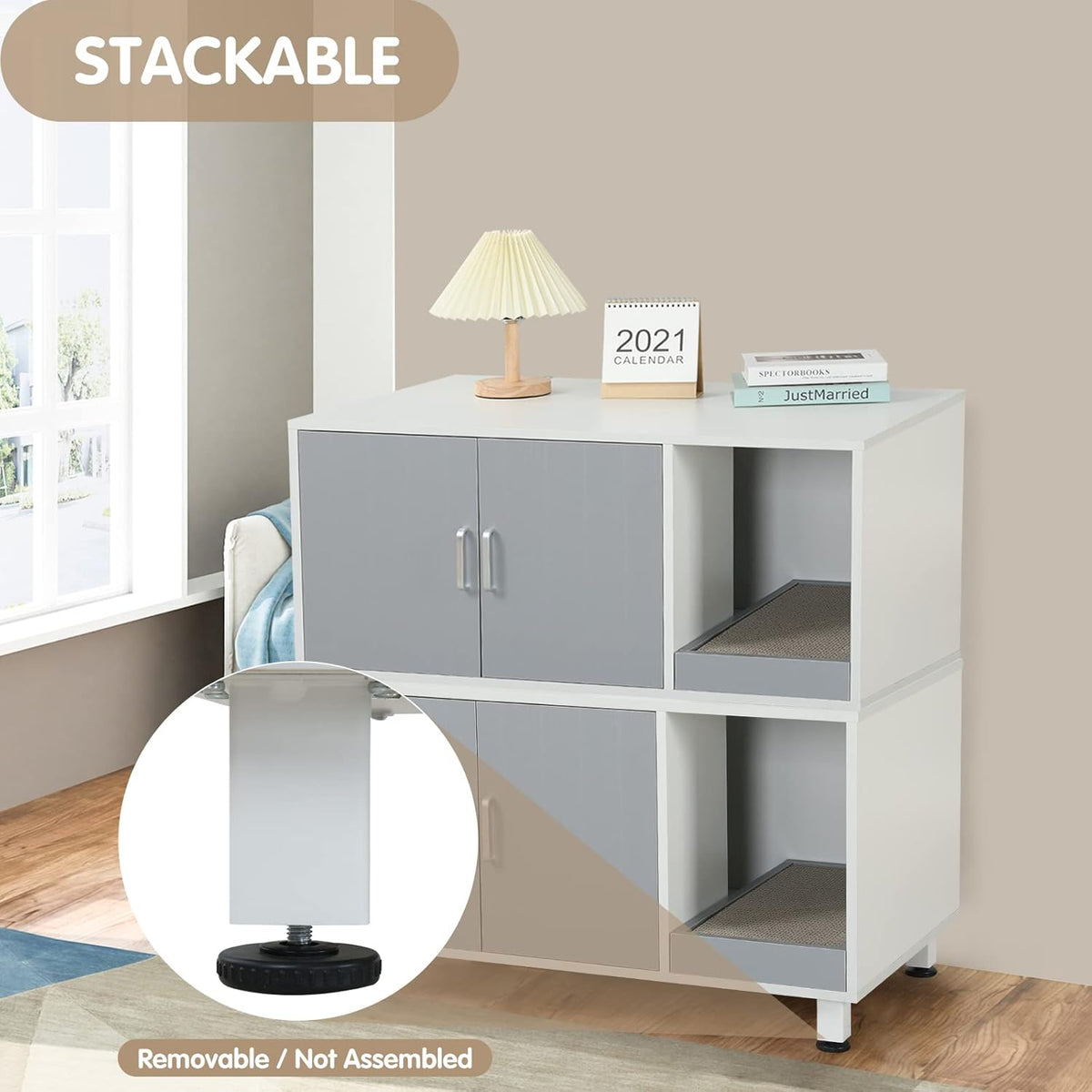 White & Grey Cat Litter Box Furniture Storage Bench Y311288
