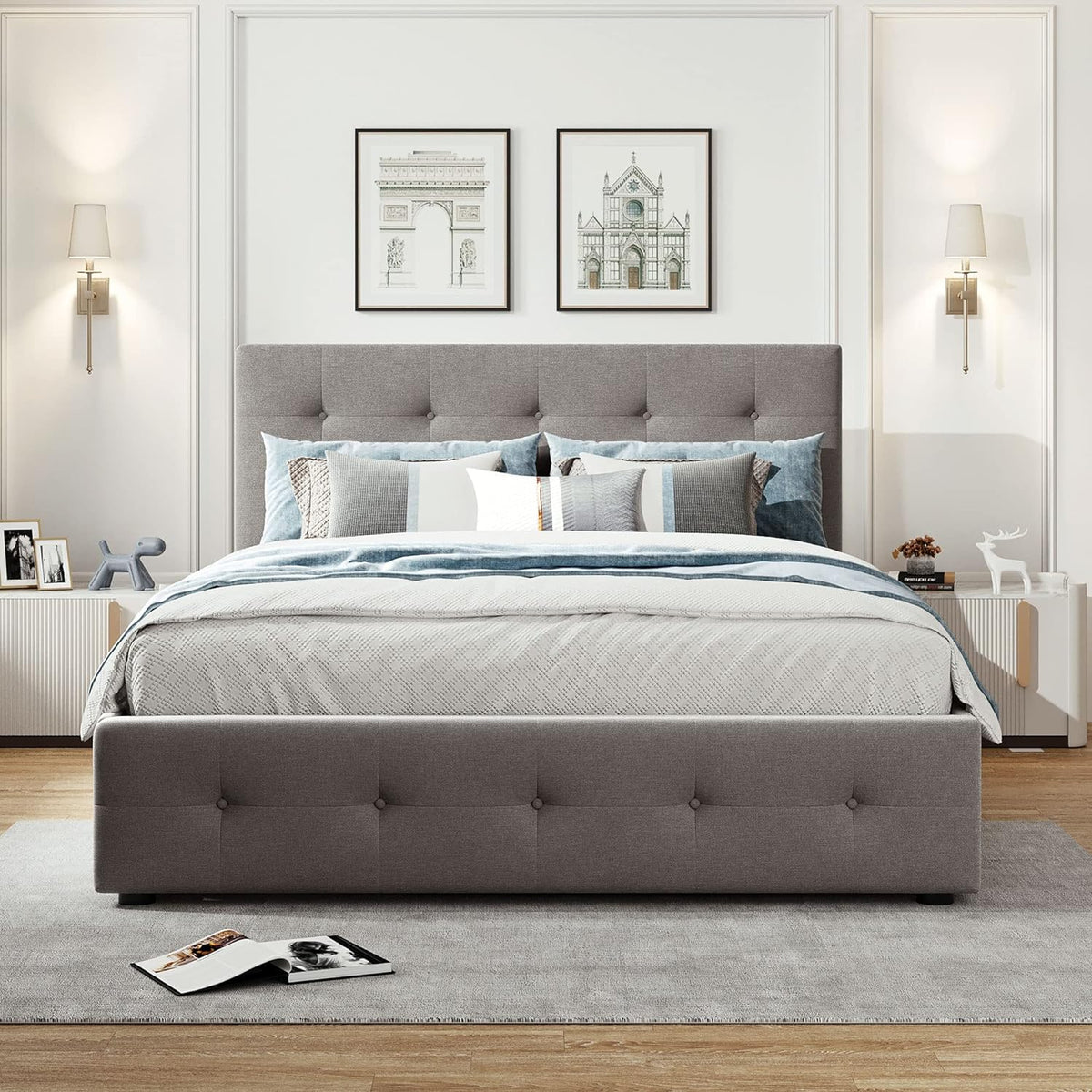 Light Gray Upholstered Platform Bed with Drawers Z52108