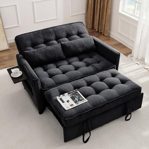 Beige Corduroy Convertible Pull Out Couch with USB Port Y4463