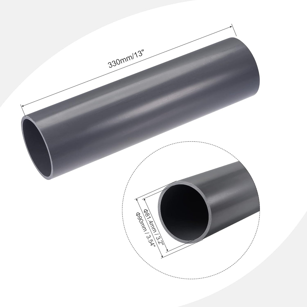 PVC Rigid Round Pipe 81.4mm ID 90mm OD 330mm Light Grey N141