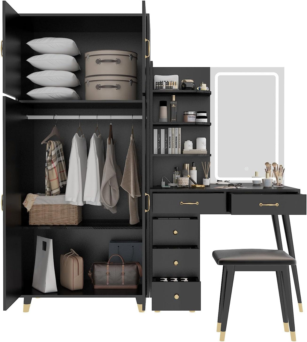 Black Vanity Desk with 4 Door Closet, Lights Mirror, Stool Set, Storage Cabinet 170 x 50 x 185CM V19908