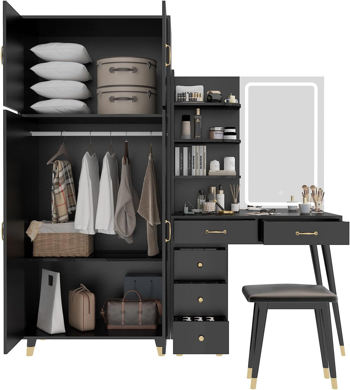 Black Vanity Desk with 4 Door Closet, Lights Mirror, Stool Set, Storage Cabinet 170 x 50 x 185CM V19908