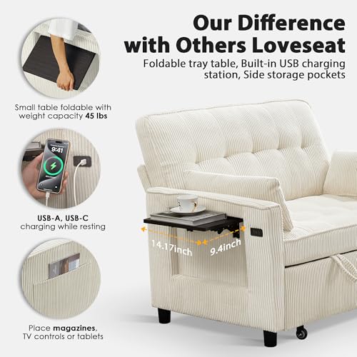 Beige Corduroy Convertible Pull Out Couch with USB Port Y4463