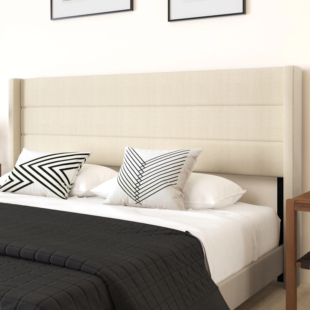 King Platform Bed with Beige Faux Linen Upholstered Headboard P403