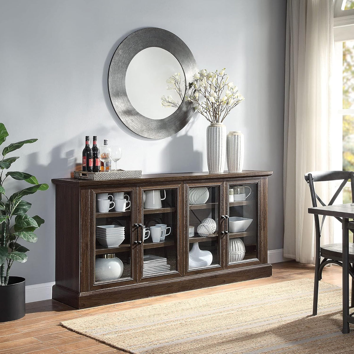 Rustic Grey Wood Sideboard Buffet with Storage Cabinet, Glass Doors, and Adjustable Shelves J691