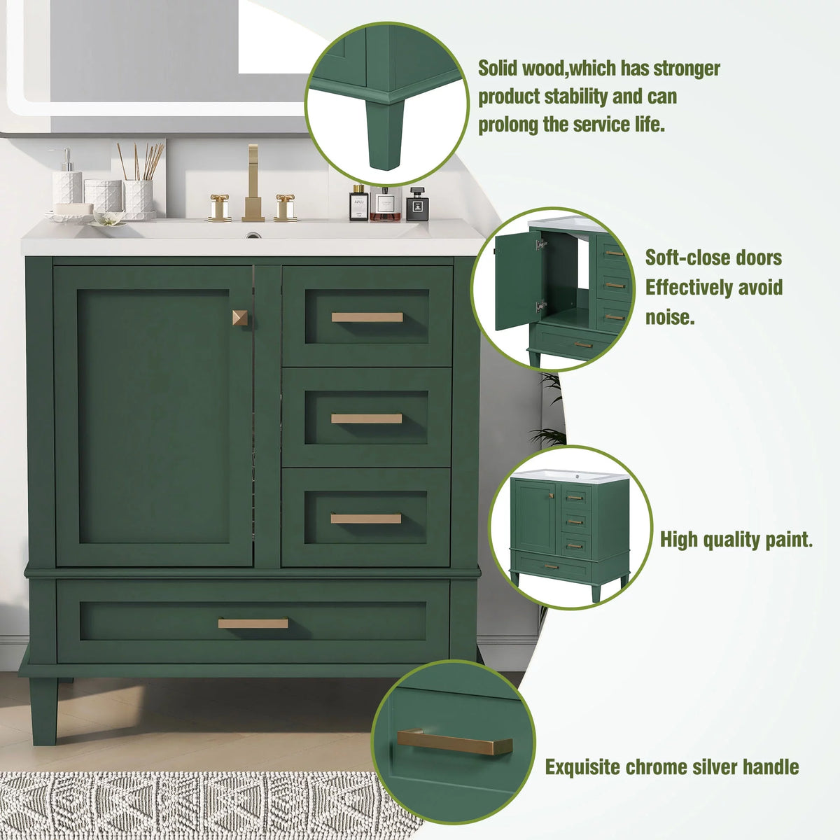30" Green Solid Wood Bathroom Vanity with Top Basin and 3 Drawers D3415