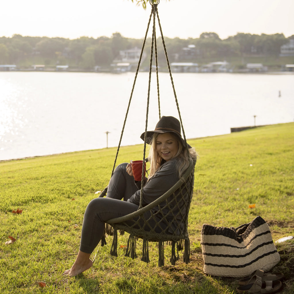 Macrame Outdoor Hammock Chair, Cotton Blend Olive Green, 47” L x 24” W, Capacity 250 lb. T21255