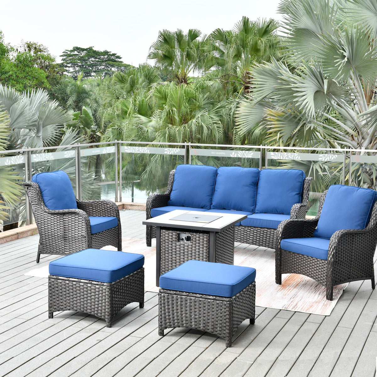 Brown 6 Pieces Outdoor Sectional Sofa with Gas Fire Pit R3401