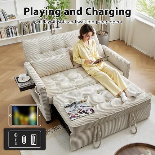 Beige Corduroy Convertible Pull Out Couch with USB Port Y4463