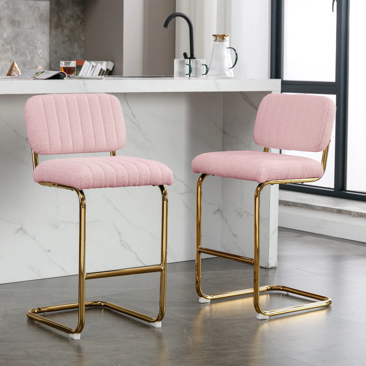 Pink Boucle Fabric Counter Height Bar Stools Set of 2 H333
