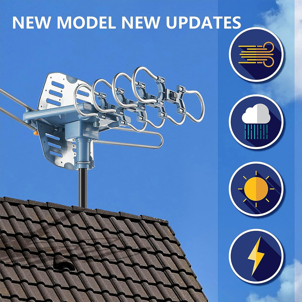 Outdoor TV Antenna with Mount Pole 4K/1080p Reception, 40feet RG6 Coaxial Cable, 360 Degree Rotation Wireless Remote, 2 TVs Function Z3102