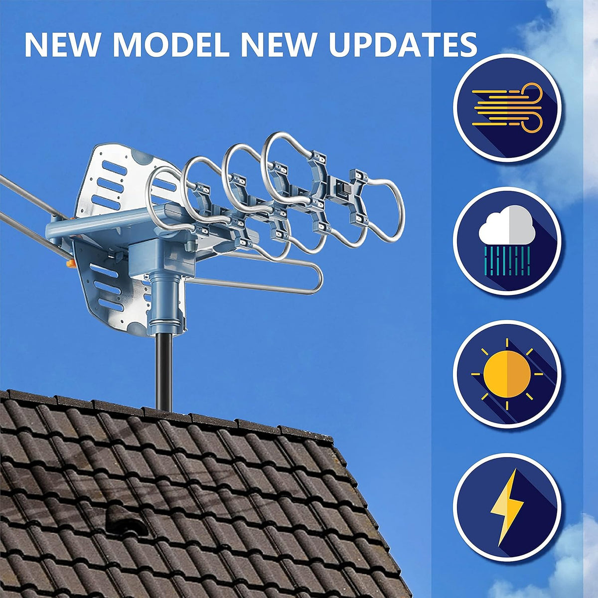 Outdoor TV Antenna with Mount Pole 4K/1080p Reception, 40feet RG6 Coaxial Cable, 360 Degree Rotation Wireless Remote, 2 TVs Function Z3102