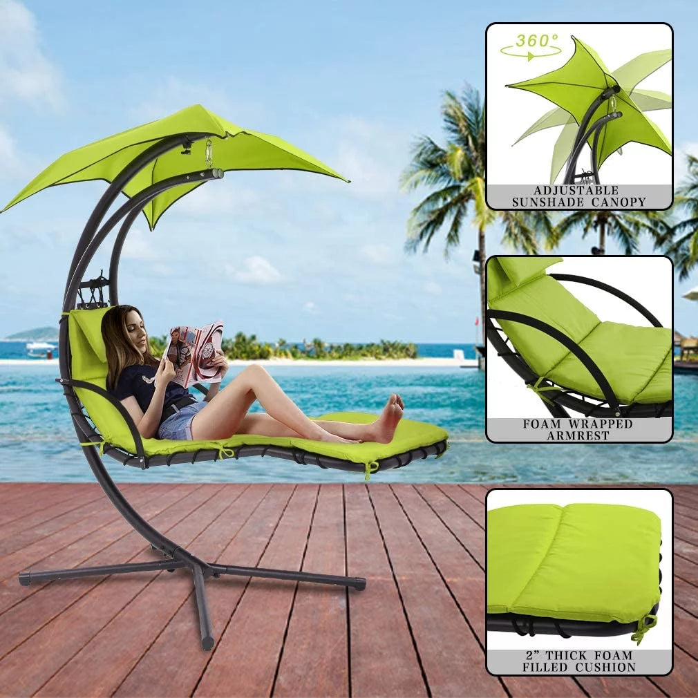 Green Hanging Curved Chaise Lounge Hammock Chair Swing with Cushion M86877