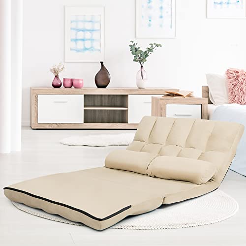 Blue Floor Sofa with 2 Pillows, Foldable 6-Position Adjustable Metal Frame Suede Fabric W423339
