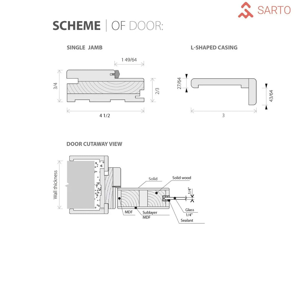 Solid French Door 36 x 84 inches Grey Matte with Frosted Glass Single Regular Panel Frame Trims Handle M29010