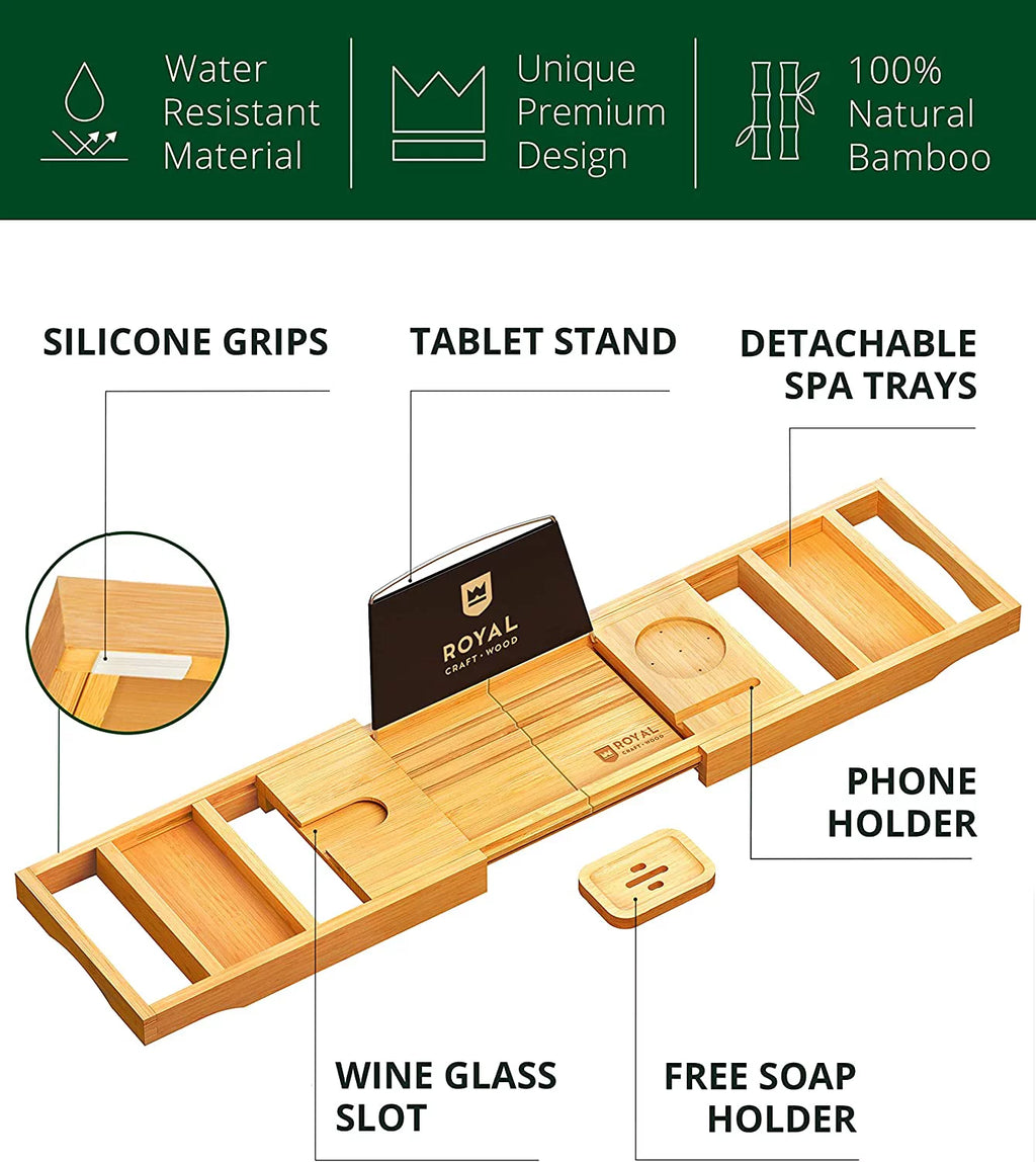 Foldable Bamboo Bathtub Caddy Tray with Extending Sides L843024