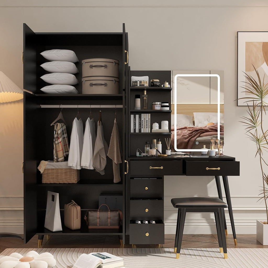 Black Vanity Desk with 4 Door Closet, Lights Mirror, Stool Set, Storage Cabinet 170 x 50 x 185CM V19908