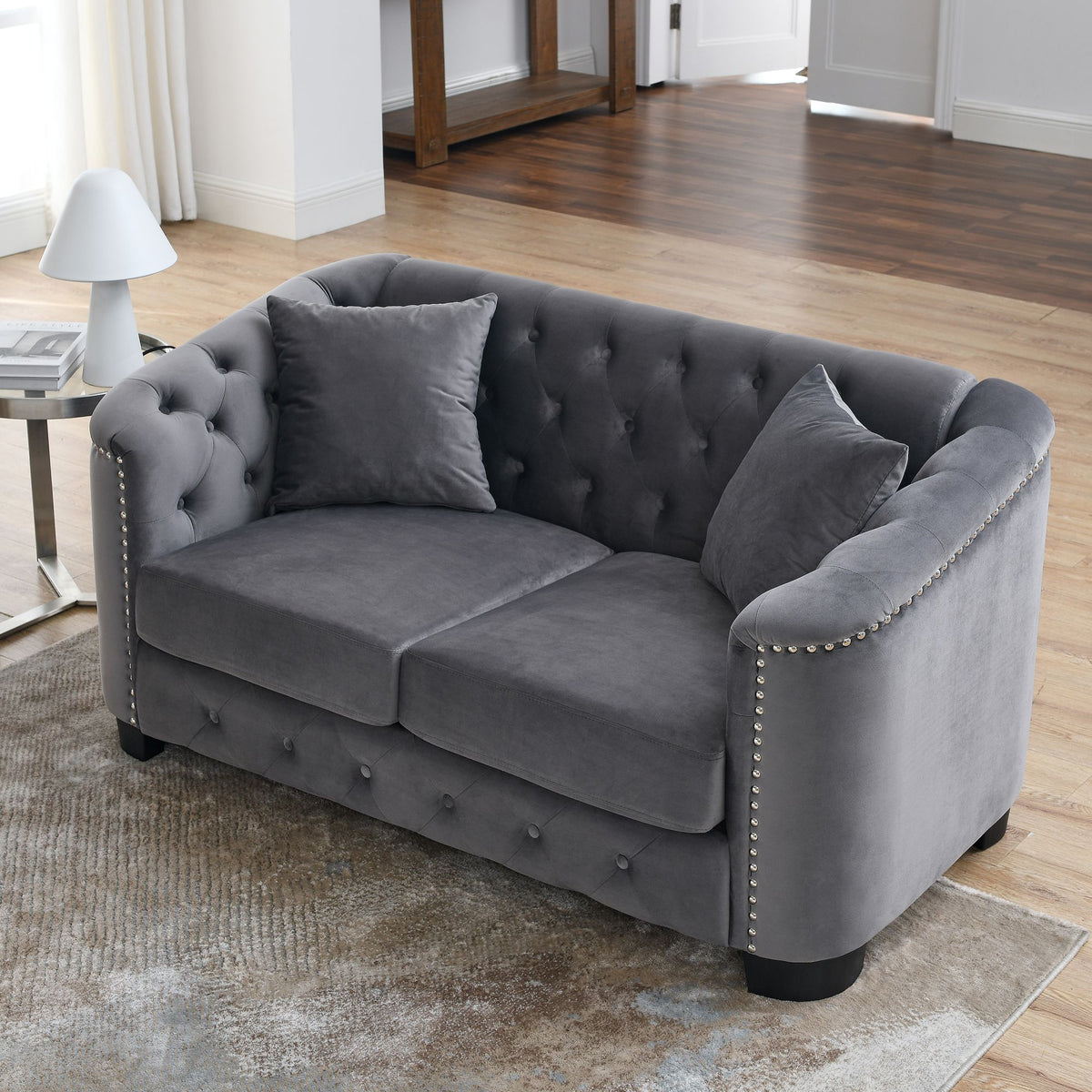 Grey Velvet Small Sofa with 2 Seat Cushions and 2 Throw Pillows U1607