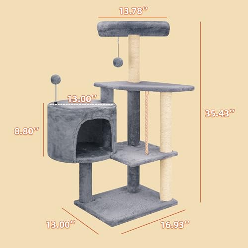 Multifunctional Grey Cat Tree with Condo, Perches, Scratching Posts and Hanging Rope P711065
