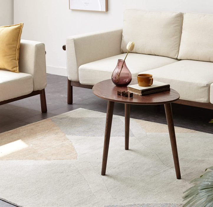 Solid Oak Wood Coffee Table with Pebble Shape, Natural Walnut Wooden Table D178650