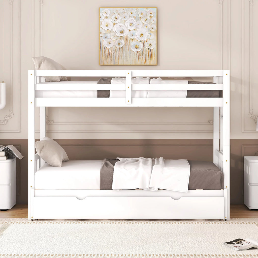 White Solid Wood Twin Over Twin Extendable Bunk Beds with Trundle L587