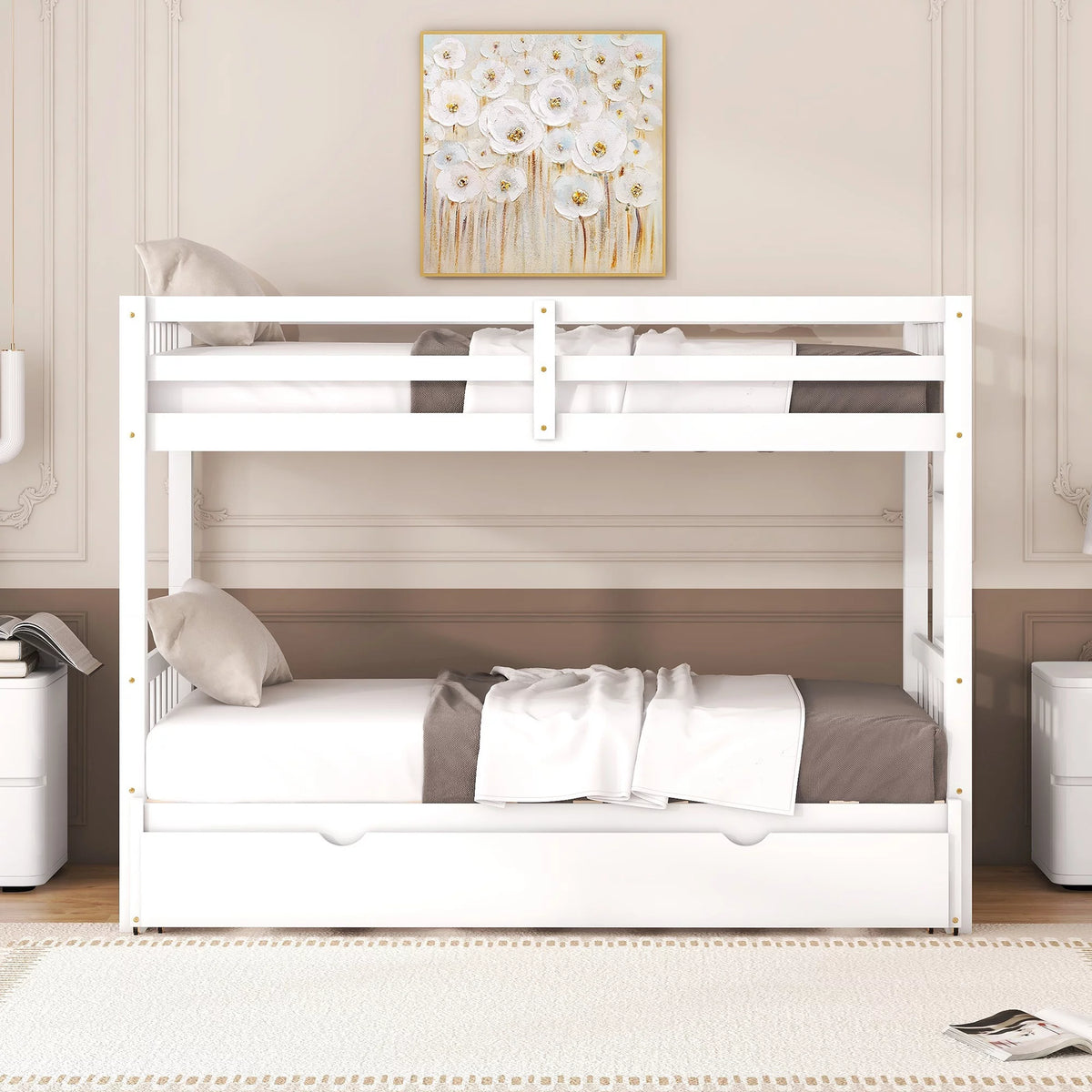 White Solid Wood Twin Over Twin Extendable Bunk Beds with Trundle L587