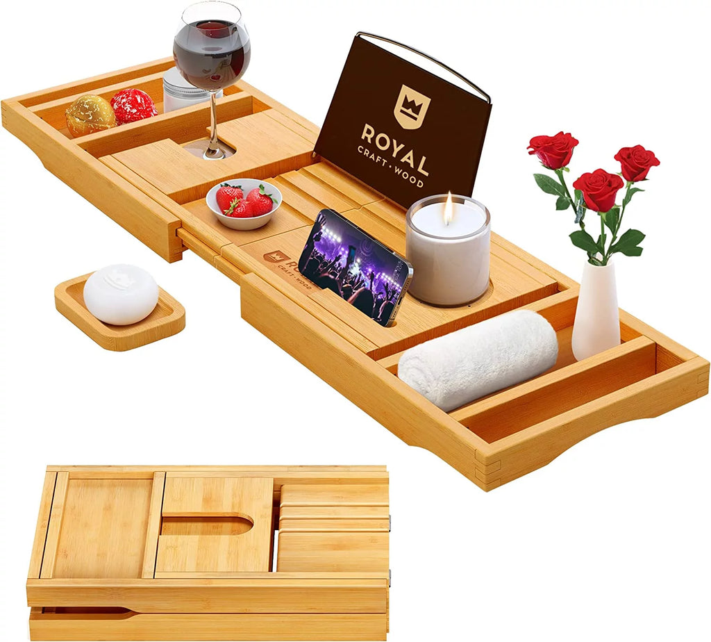 Foldable Bamboo Bathtub Caddy Tray with Extending Sides L843024
